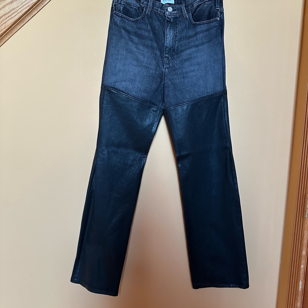 NWOT Frame Denim Two-Tone Black Denim & Coated Wide-leg Jeans
